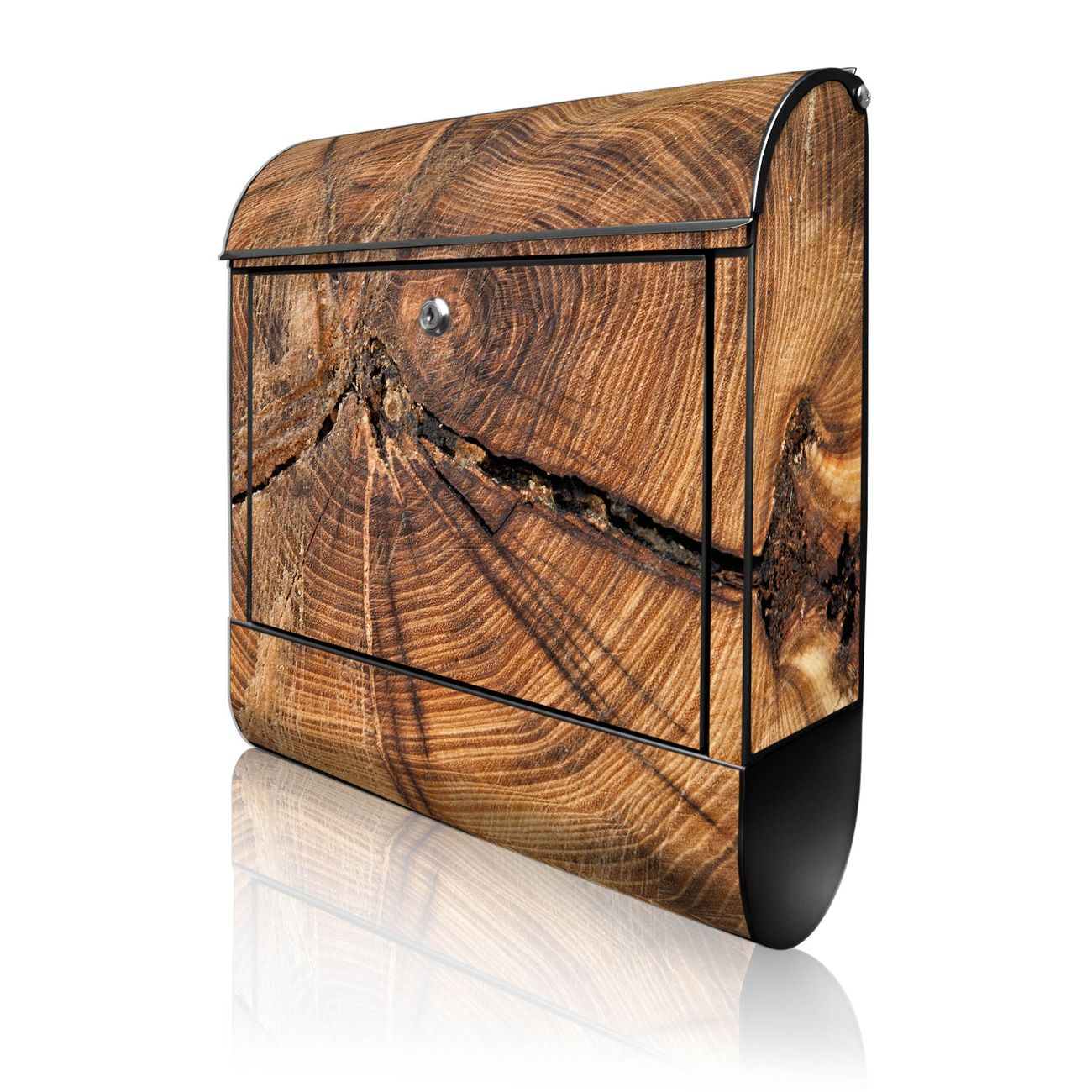 banjado Wandbriefkasten schwarz groß mit Motiv Jahresringe 38x47x13cm - inkl. Zeitungsfach, 2 Schlüssel und Montageanleitung - pulverbeschichtet