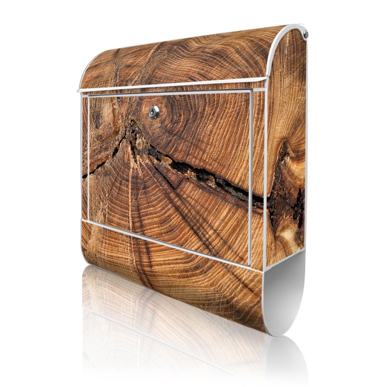 banjado Wandbriefkasten weiß groß mit Motiv Jahresringe 38x47x13cm - inkl. Zeitungsfach, 2 Schlüssel und Montageanleitung - pulverbeschichtet