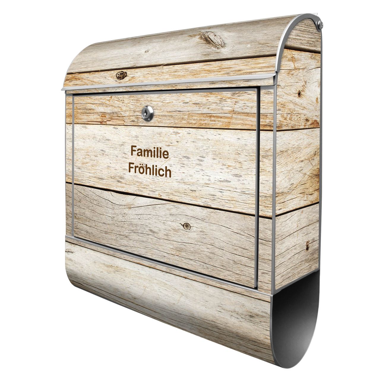 banjado Wandbriefkasten silber groß mit Motiv Graues Holz 38x47x13cm - inkl. Zeitungsfach, 2 Schlüssel und Montageanleitung - pulverbeschichtet