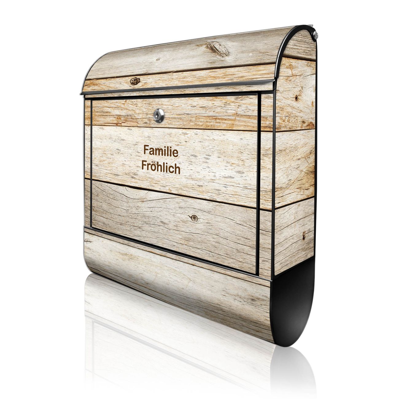 banjado Wandbriefkasten schwarz groß mit Motiv Graues Holz 38x47x13cm - inkl. Zeitungsfach, 2 Schlüssel und Montageanleitung - pulverbeschichtet