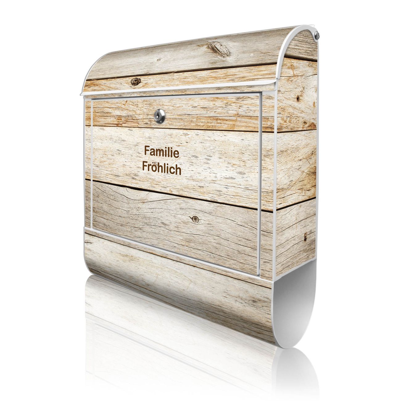 banjado Wandbriefkasten weiß groß mit Motiv Graues Holz 38x47x13cm - inkl. Zeitungsfach, 2 Schlüssel und Montageanleitung - pulverbeschichtet