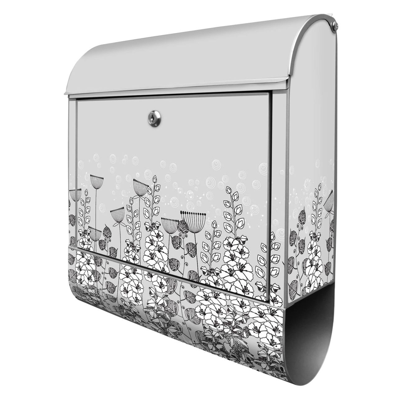 banjado Design Briefkasten silber mit Motiv Wegesrand 38x47x13cm, 2 Schlüssel - Briefkasten Stahl mit Zeitungsfach pulverbeschichtet A4 Einwurf