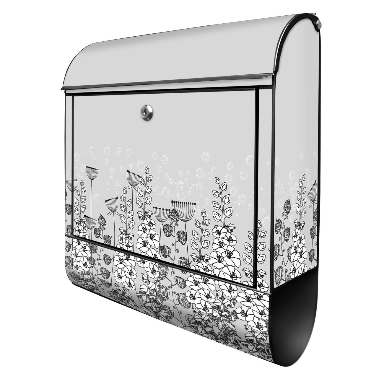 banjado Design Briefkasten schwarz mit Motiv Wegesrand 38x47x13cm, 2 Schlüssel - Briefkasten Stahl mit Zeitungsfach pulverbeschichtet A4 Einwurf