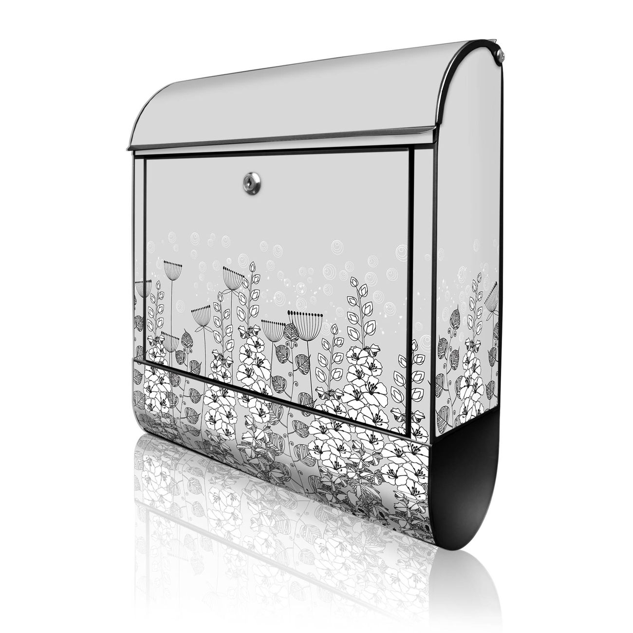 banjado Design Briefkasten schwarz mit Motiv Wegesrand 38x47x13cm, 2 Schlüssel - Briefkasten Stahl mit Zeitungsfach pulverbeschichtet A4 Einwurf