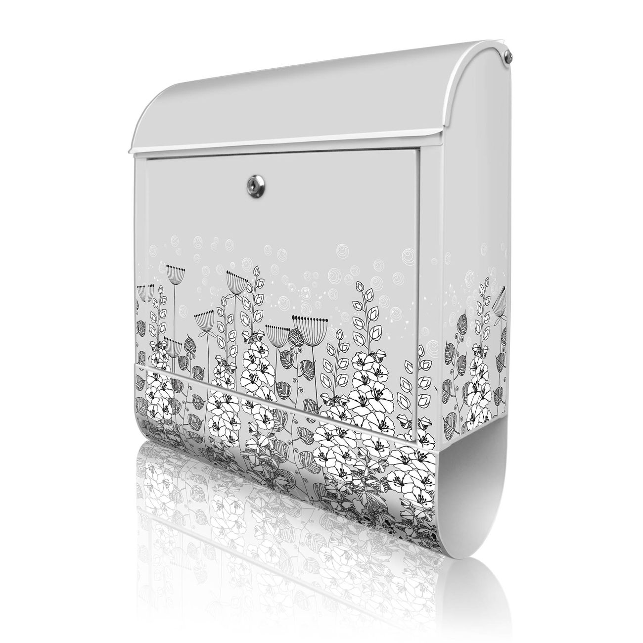 banjado Design Briefkasten weiß mit Motiv Wegesrand 38x47x13cm, 2 Schlüssel - Briefkasten Stahl mit Zeitungsfach pulverbeschichtet A4 Einwurf