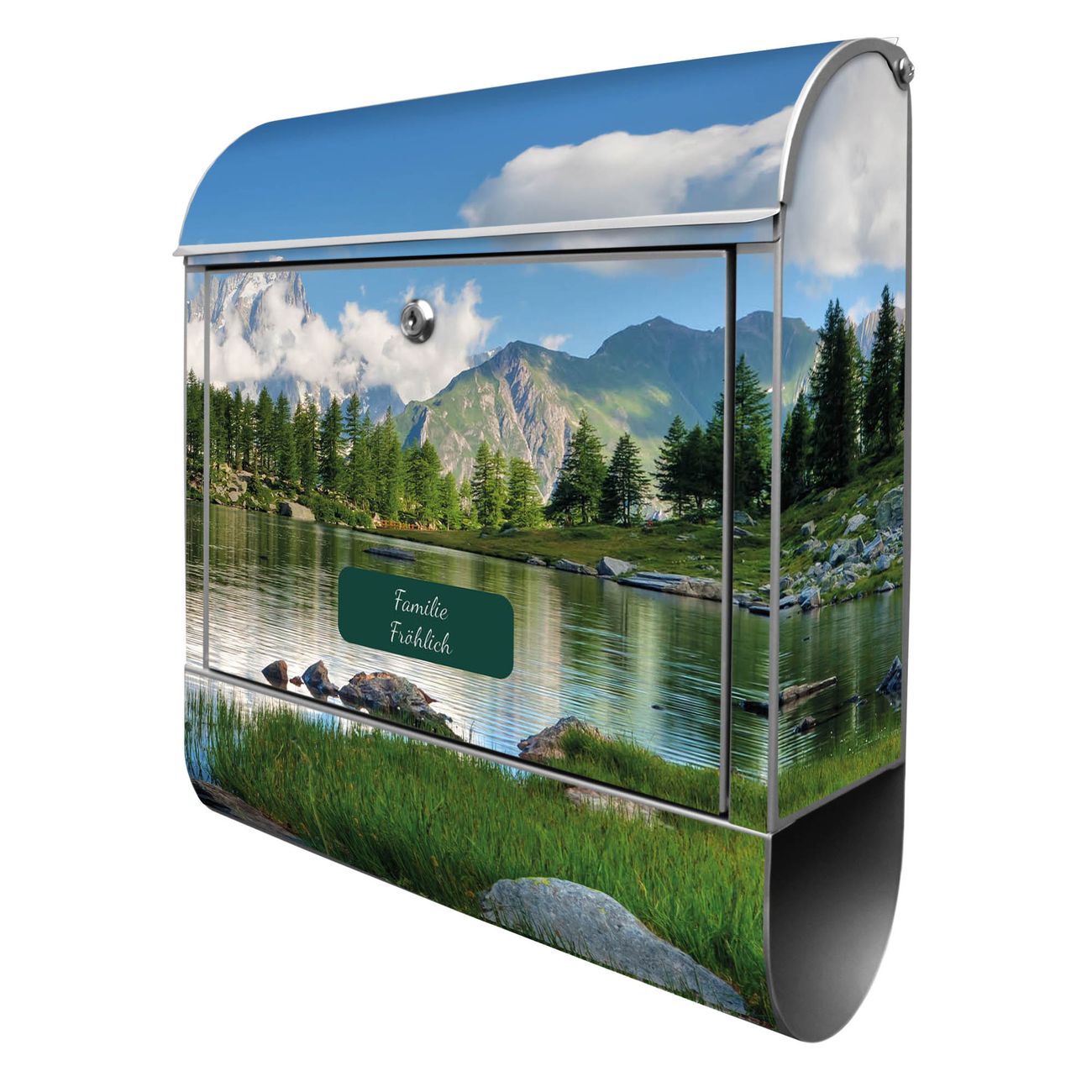 banjado Wandbriefkasten silber groß mit Motiv Gebirgssee 38x47x13cm - inkl. Zeitungsfach, 2 Schlüssel und Montageanleitung - pulverbeschichtet
