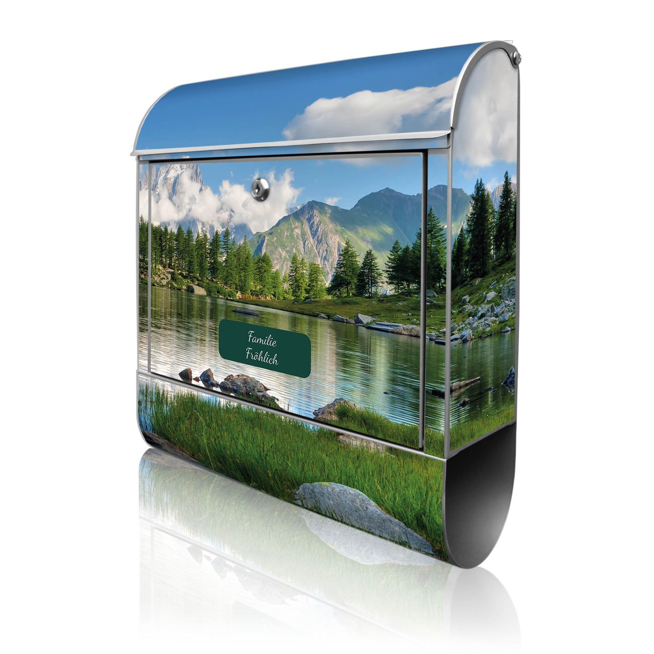 banjado Wandbriefkasten silber groß mit Motiv Gebirgssee 38x47x13cm - inkl. Zeitungsfach, 2 Schlüssel und Montageanleitung - pulverbeschichtet