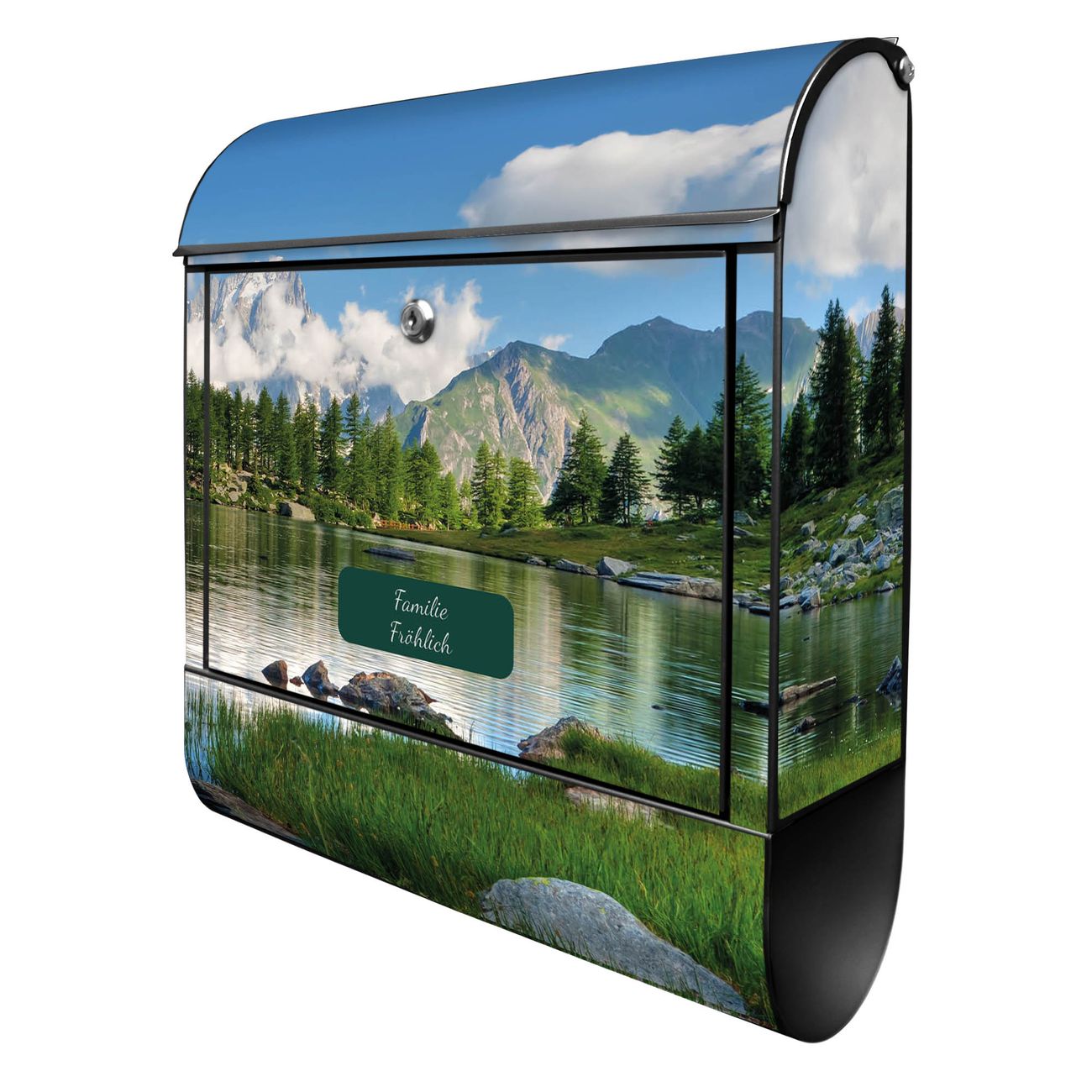 banjado Wandbriefkasten schwarz groß mit Motiv Gebirgssee 38x47x13cm - inkl. Zeitungsfach, 2 Schlüssel und Montageanleitung - pulverbeschichtet