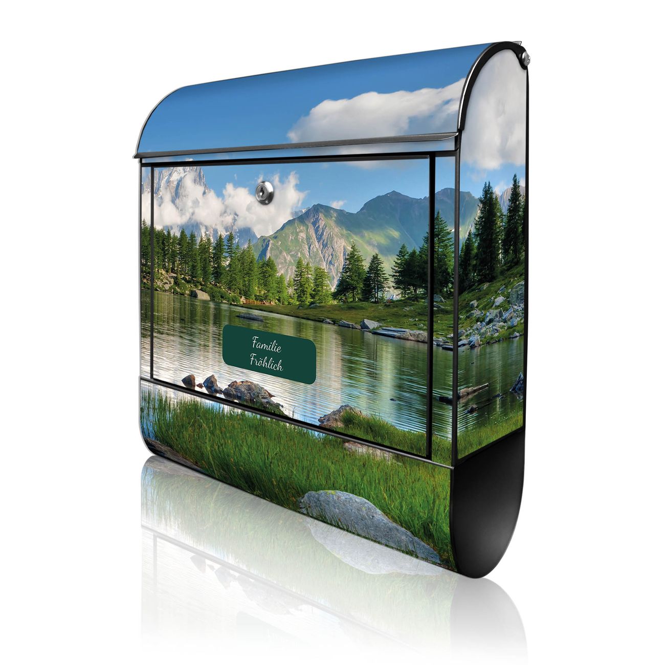 banjado Wandbriefkasten schwarz groß mit Motiv Gebirgssee 38x47x13cm - inkl. Zeitungsfach, 2 Schlüssel und Montageanleitung - pulverbeschichtet