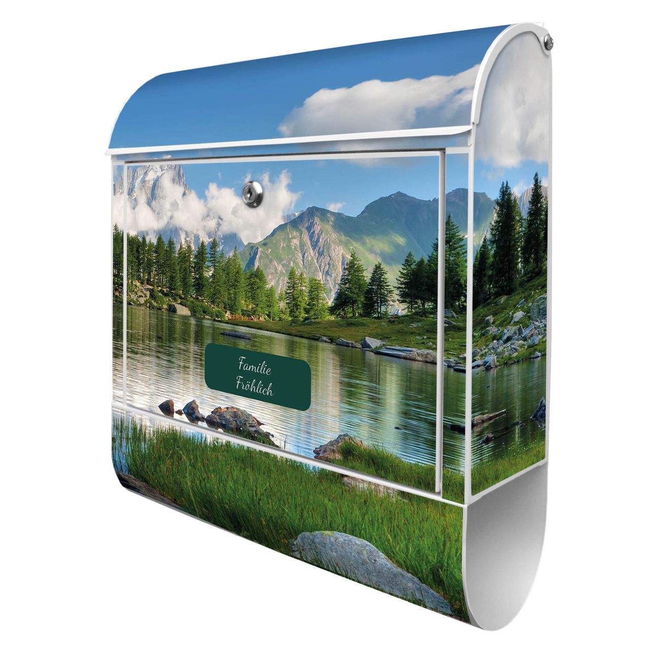 banjado Wandbriefkasten weiß groß mit Motiv Gebirgssee 38x47x13cm - inkl. Zeitungsfach, 2 Schlüssel und Montageanleitung - pulverbeschichtet