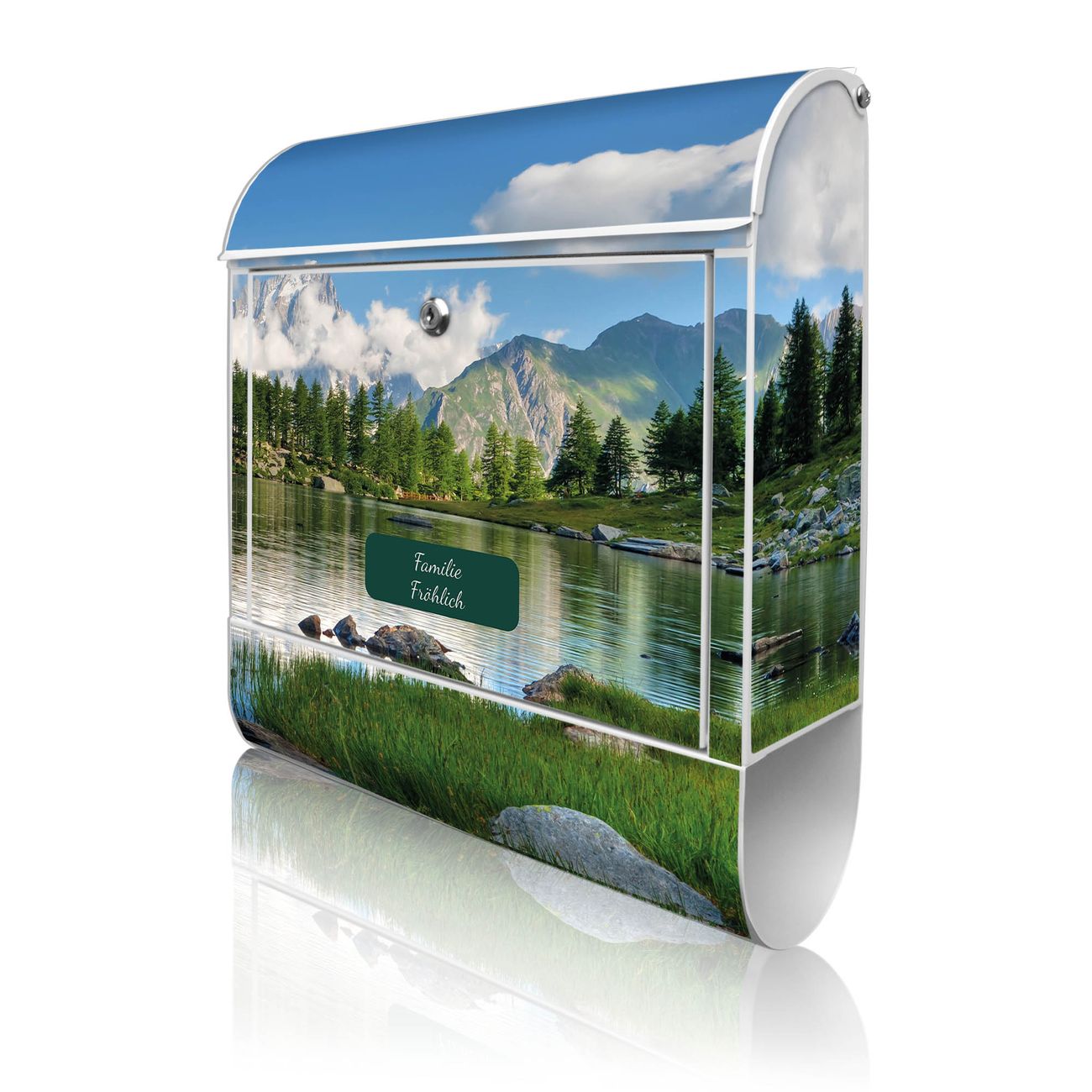 banjado Wandbriefkasten weiß groß mit Motiv Gebirgssee 38x47x13cm - inkl. Zeitungsfach, 2 Schlüssel und Montageanleitung - pulverbeschichtet