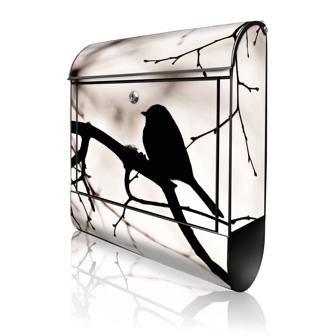 banjado Design Briefkasten schwarz mit Motiv Früher Vogel 38x47x13cm, 2 Schlüssel - Briefkasten Stahl mit Zeitungsfach pulverbeschichtet A4 Einwurf