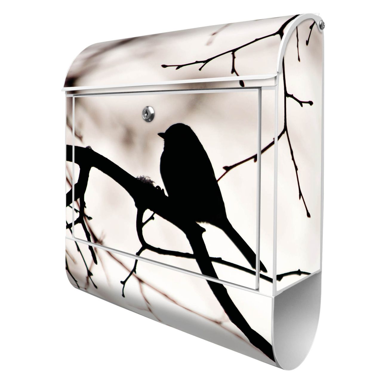 banjado Design Briefkasten weiß mit Motiv Früher Vogel 38x47x13cm, 2 Schlüssel - Briefkasten Stahl mit Zeitungsfach pulverbeschichtet A4 Einwurf