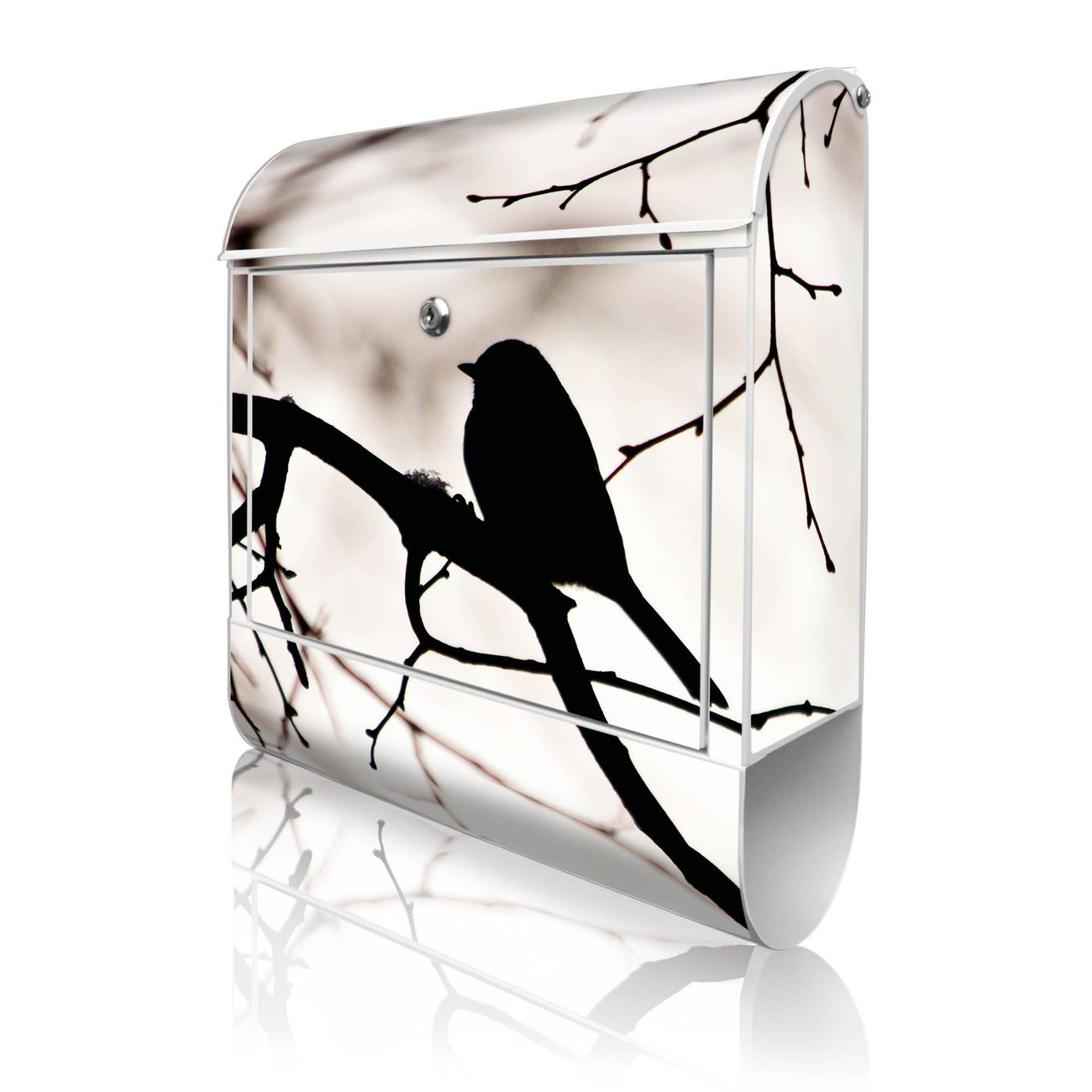 banjado Design Briefkasten weiß mit Motiv Früher Vogel 38x47x13cm, 2 Schlüssel - Briefkasten Stahl mit Zeitungsfach pulverbeschichtet A4 Einwurf