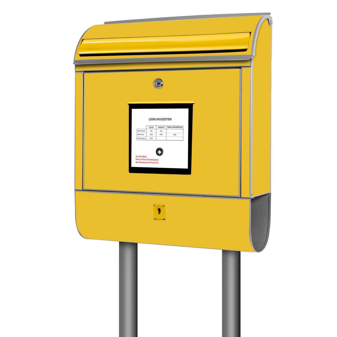 banjado Briefkasten freistehend modern mit Motiv Briefkasten Gelb 38x161,5x16cm mit Zeitungsfach pulverbeschichtet, 2 Schlüssel, Montageanleitung