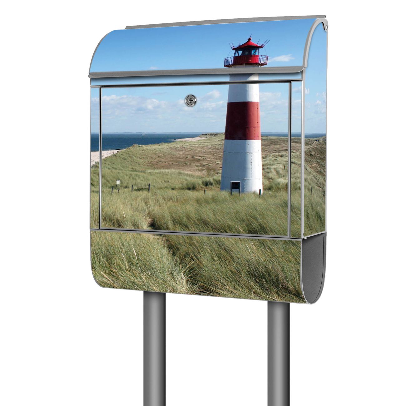 banjado Standbriefkasten groß mit Motiv Leuchtturm 38x161,5x16cm - inkl Zeitungsfach, 2 Schlüssel und Montageanleitung - pulverbeschichtet