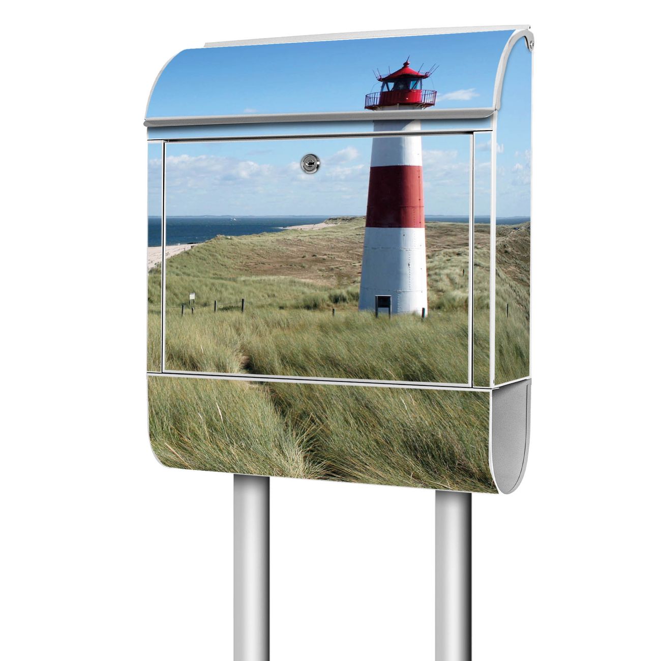 banjado Standbriefkasten groß mit Motiv Leuchtturm 38x161,5x16cm - inkl Zeitungsfach, 2 Schlüssel und Montageanleitung - pulverbeschichtet