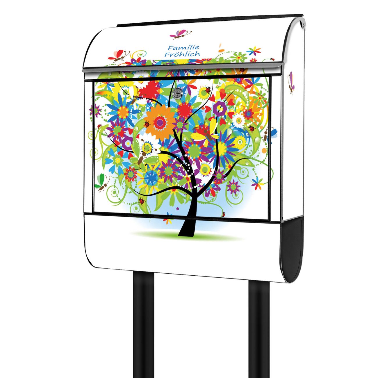banjado großer Standbriefkasten mit Namen und Motiv Märchenzauberbaum mit Zeitungsfach, pulverbeschichtet, 2 Schlüssel + Montageanleitung