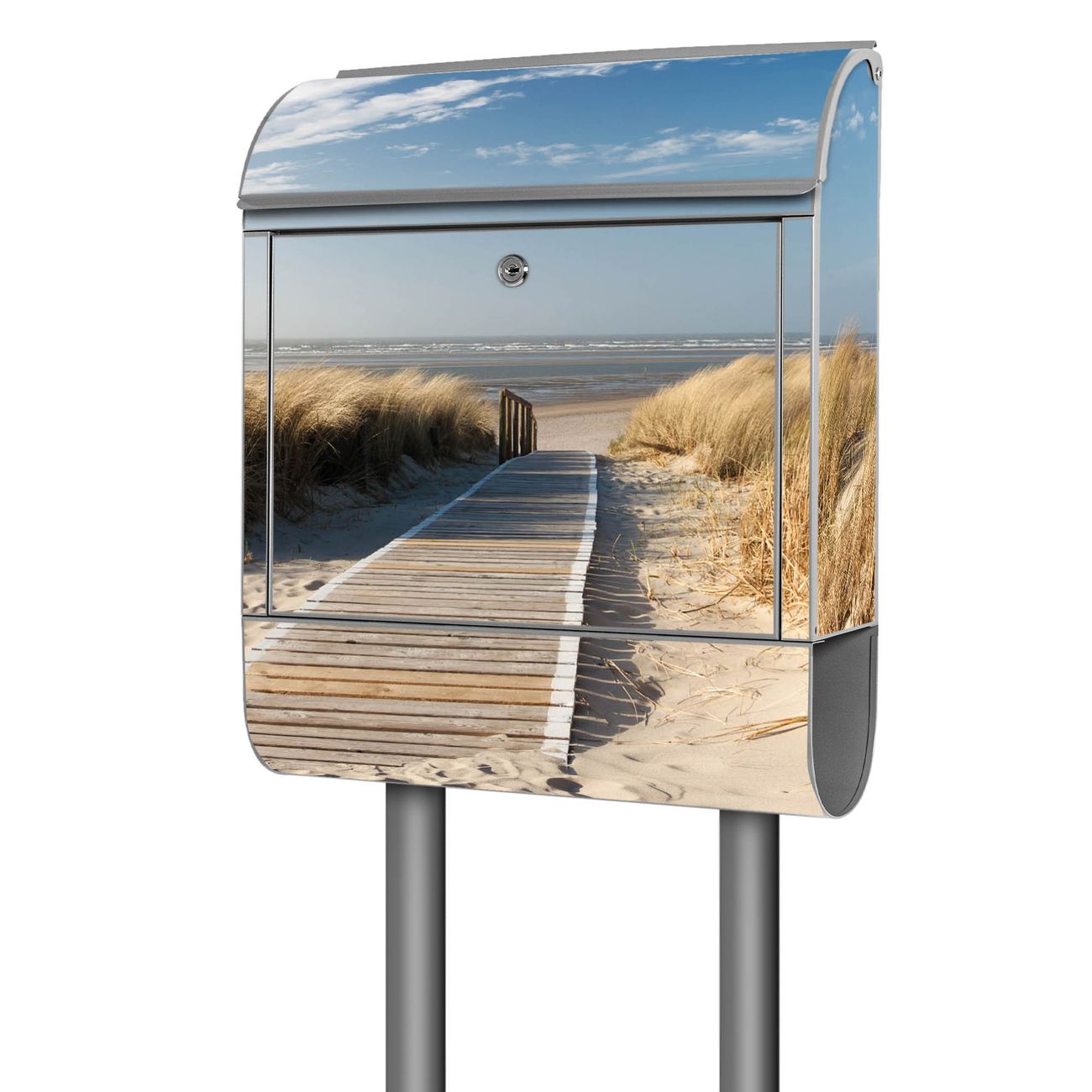 banjado Postkasten mit Standfuß und Motiv Dünen 38x161,5x16cm - mit Zeitungsfach pulverbeschichtet - 2 Schlüssel und Montageanleitung