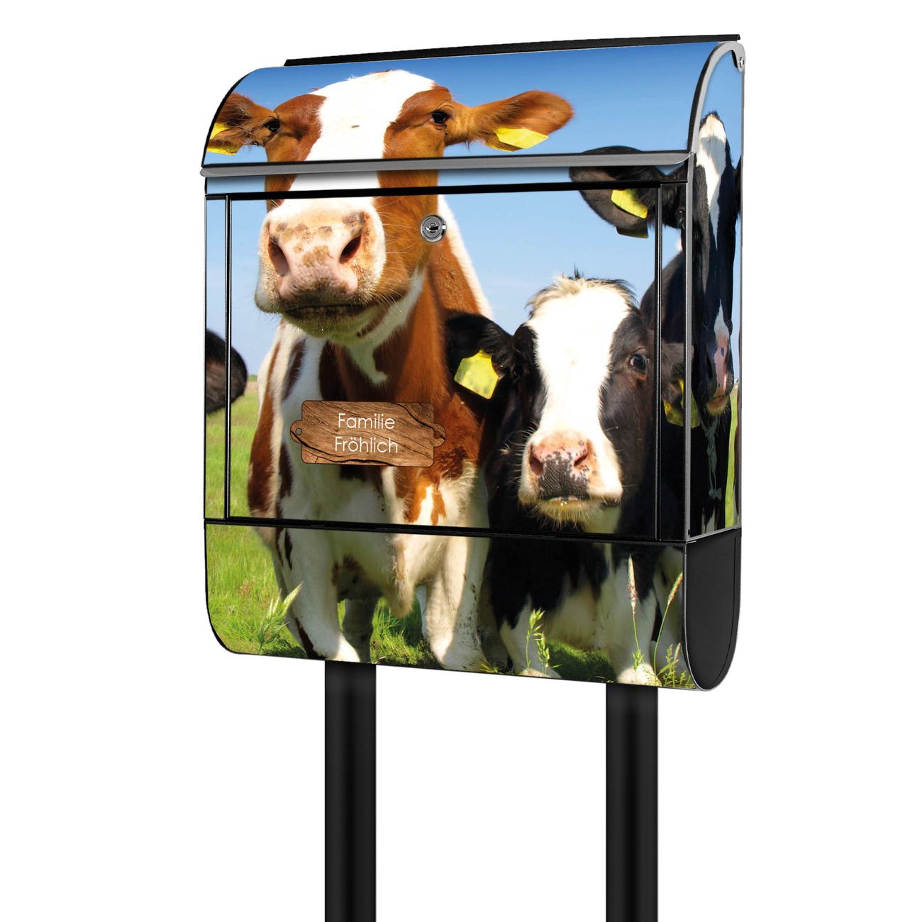 banjado freistehender Briefkasten mit Motiv Kühe 38x161,5x16cm, 2 Schlüssel - Briefkasten Stahl mit Zeitungsfach pulverbeschichtet