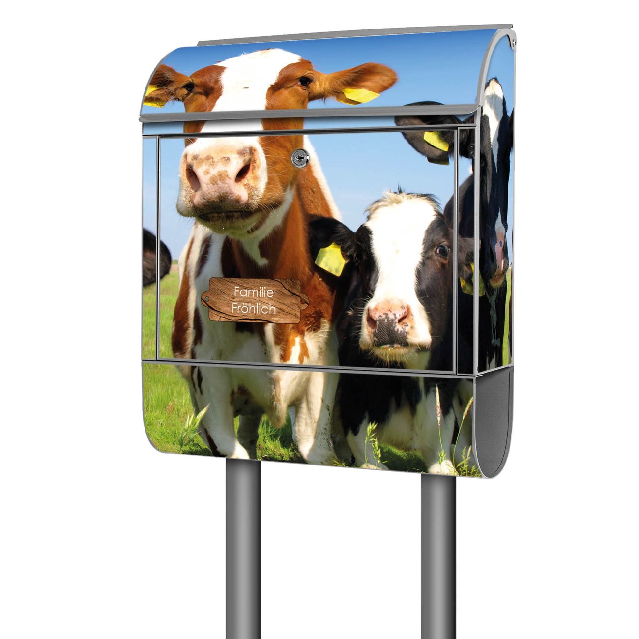 banjado freistehender Briefkasten mit Motiv Kühe 38x161,5x16cm, 2 Schlüssel - Briefkasten Stahl mit Zeitungsfach pulverbeschichtet