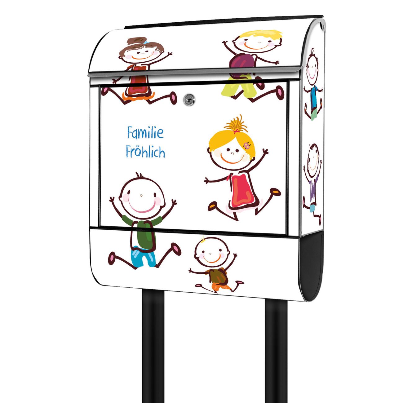 banjado freistehender Briefkasten mit Motiv Happy Kids 38x161,5x16cm, 2 Schlüssel - Briefkasten Stahl mit Zeitungsfach pulverbeschichtet