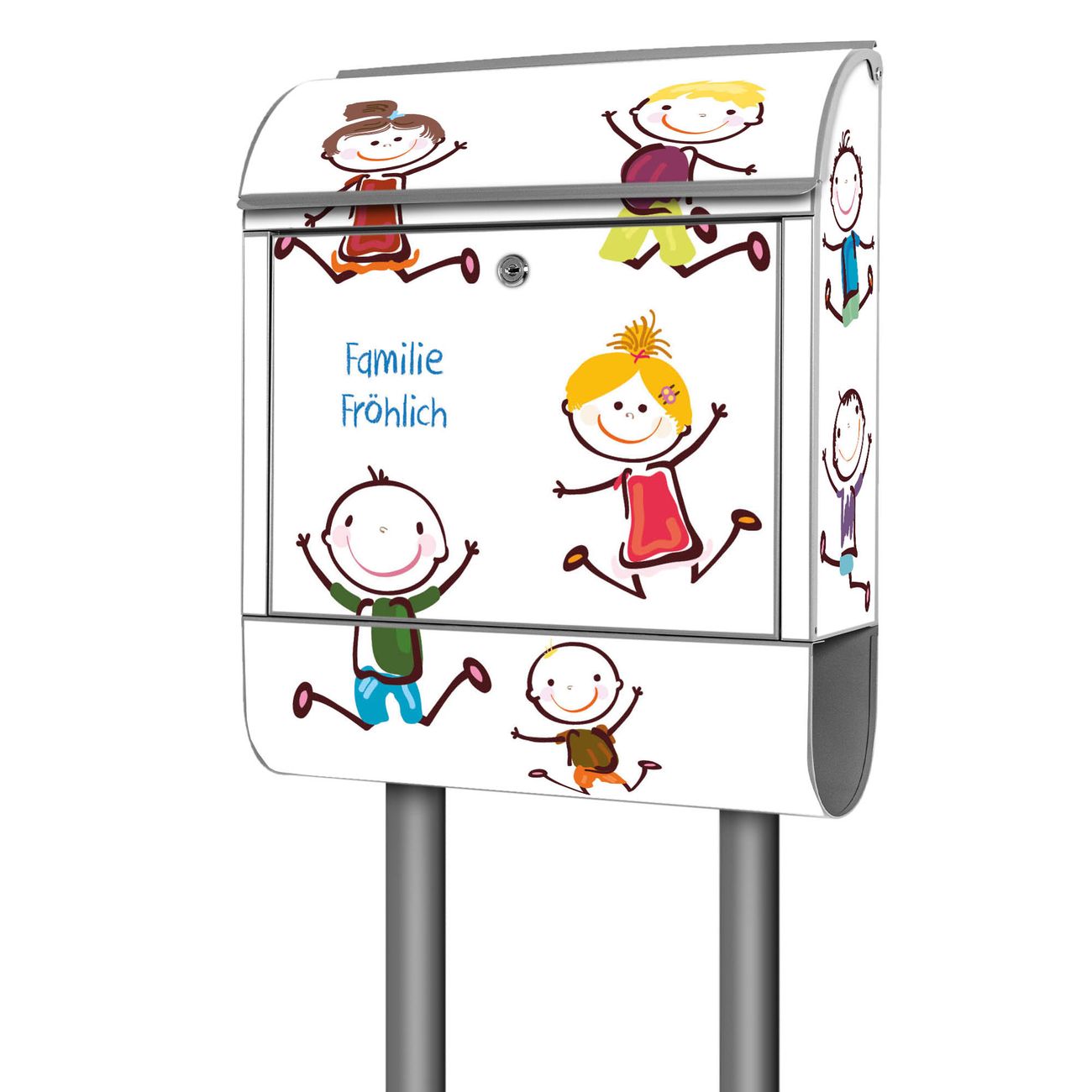 banjado freistehender Briefkasten mit Motiv Happy Kids 38x161,5x16cm, 2 Schlüssel - Briefkasten Stahl mit Zeitungsfach pulverbeschichtet