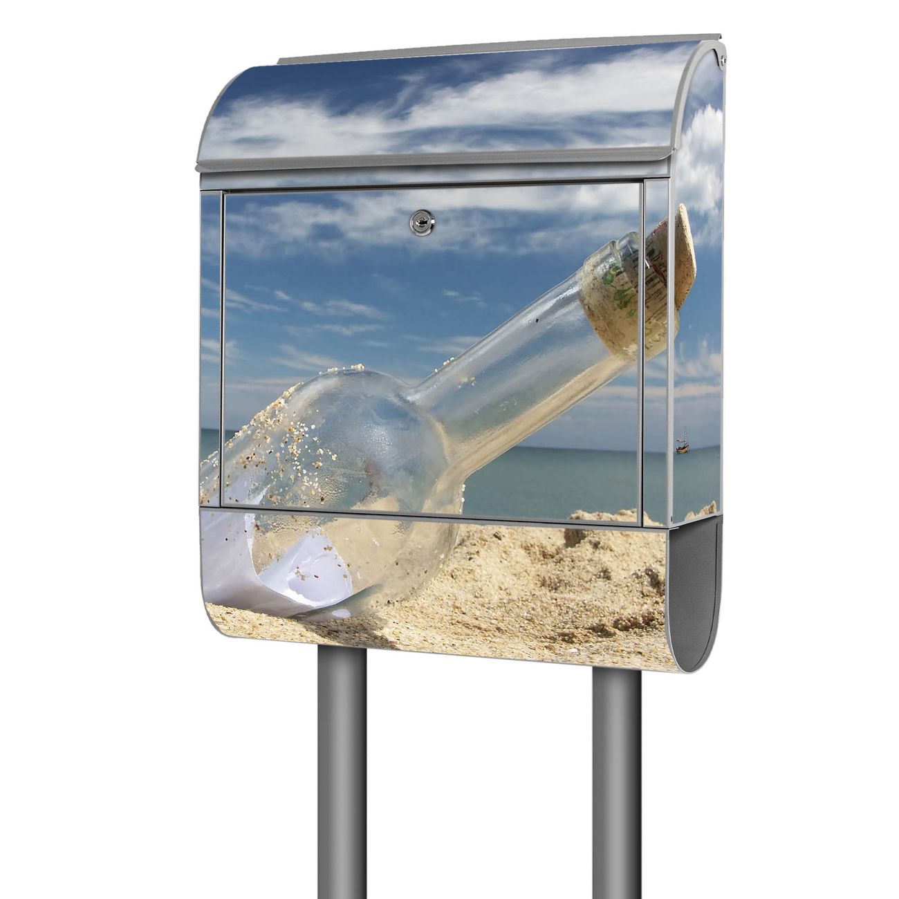 banjado Briefkasten freistehend modern mit Motiv Flaschenpost 38x161,5x16cm mit Zeitungsfach pulverbeschichtet, 2 Schlüssel, Montageanleitung