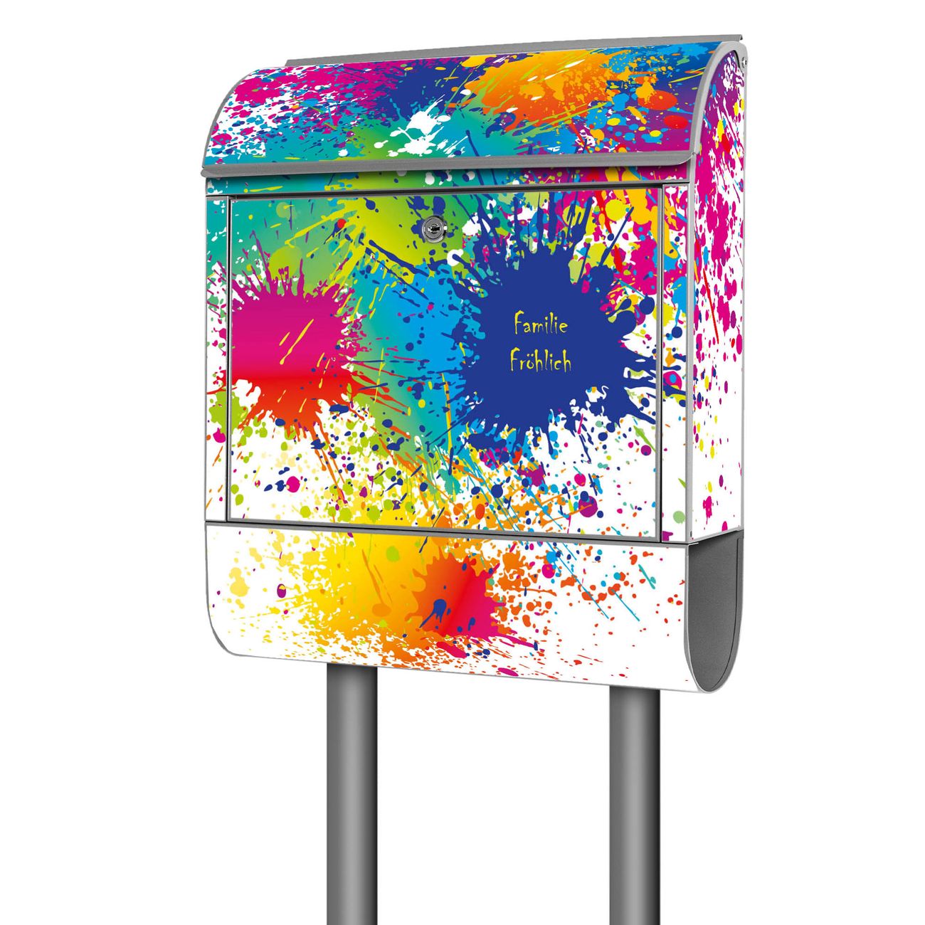 banjado Postkasten mit Standfuß und Motiv Farbspritzer 38x161,5x16cm - mit Zeitungsfach pulverbeschichtet - 2 Schlüssel und Montageanleitung