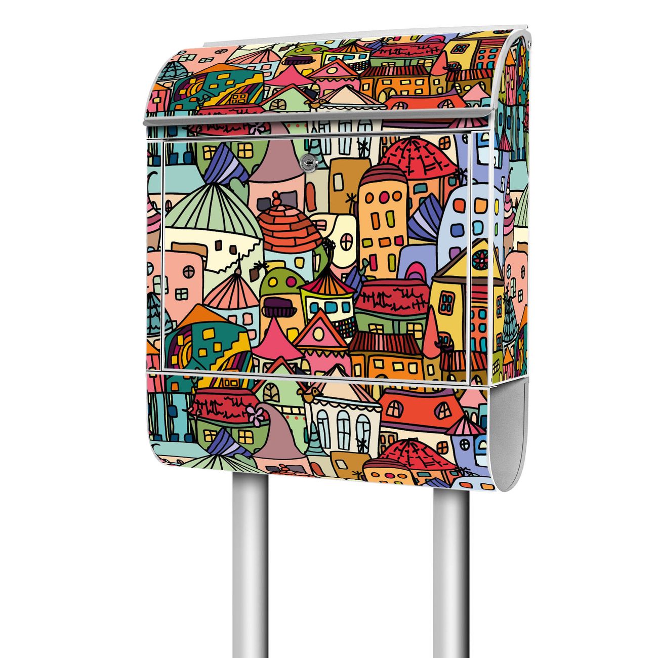 banjado großer Standbriefkasten mit Namen und Motiv Funky Town mit Zeitungsfach, pulverbeschichtet, 2 Schlüssel + Montageanleitung