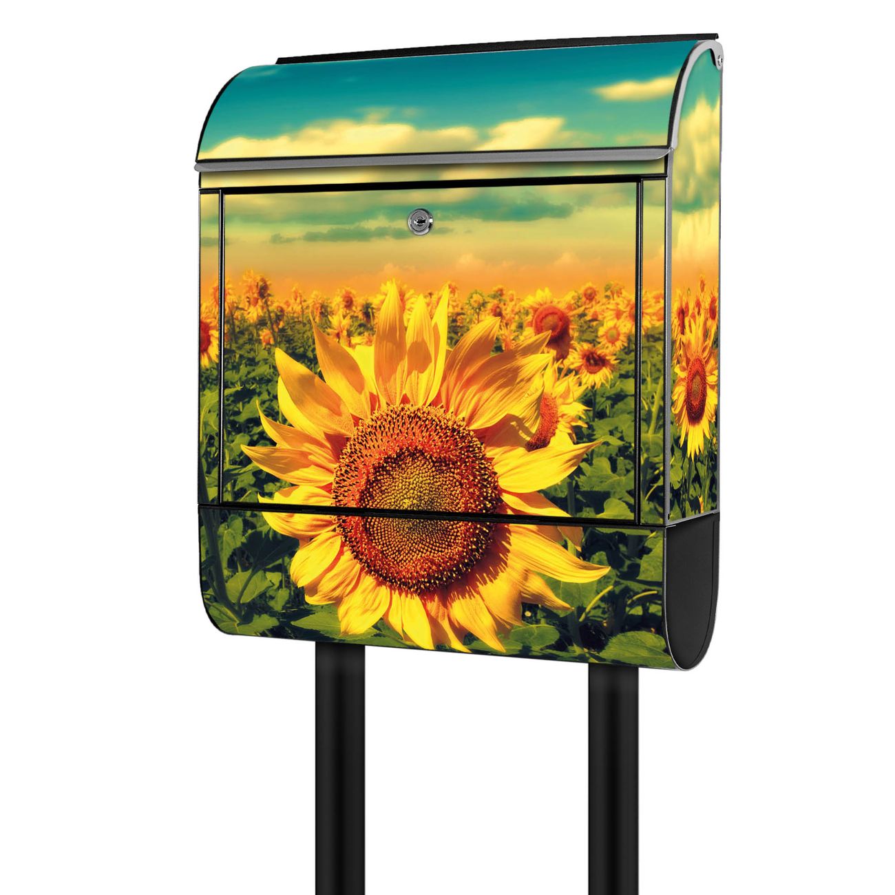 banjado Briefkasten freistehend modern mit Motiv Sonnenblumen 38x161,5x16cm mit Zeitungsfach pulverbeschichtet, 2 Schlüssel, Montageanleitung