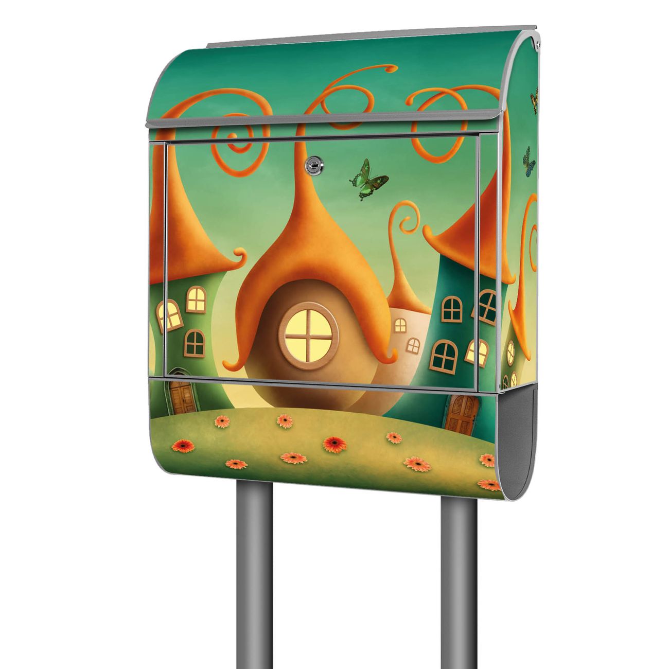 banjado Postkasten mit Standfuß und Motiv Zwergenhausen 38x161,5x16cm - mit Zeitungsfach pulverbeschichtet - 2 Schlüssel und Montageanleitung