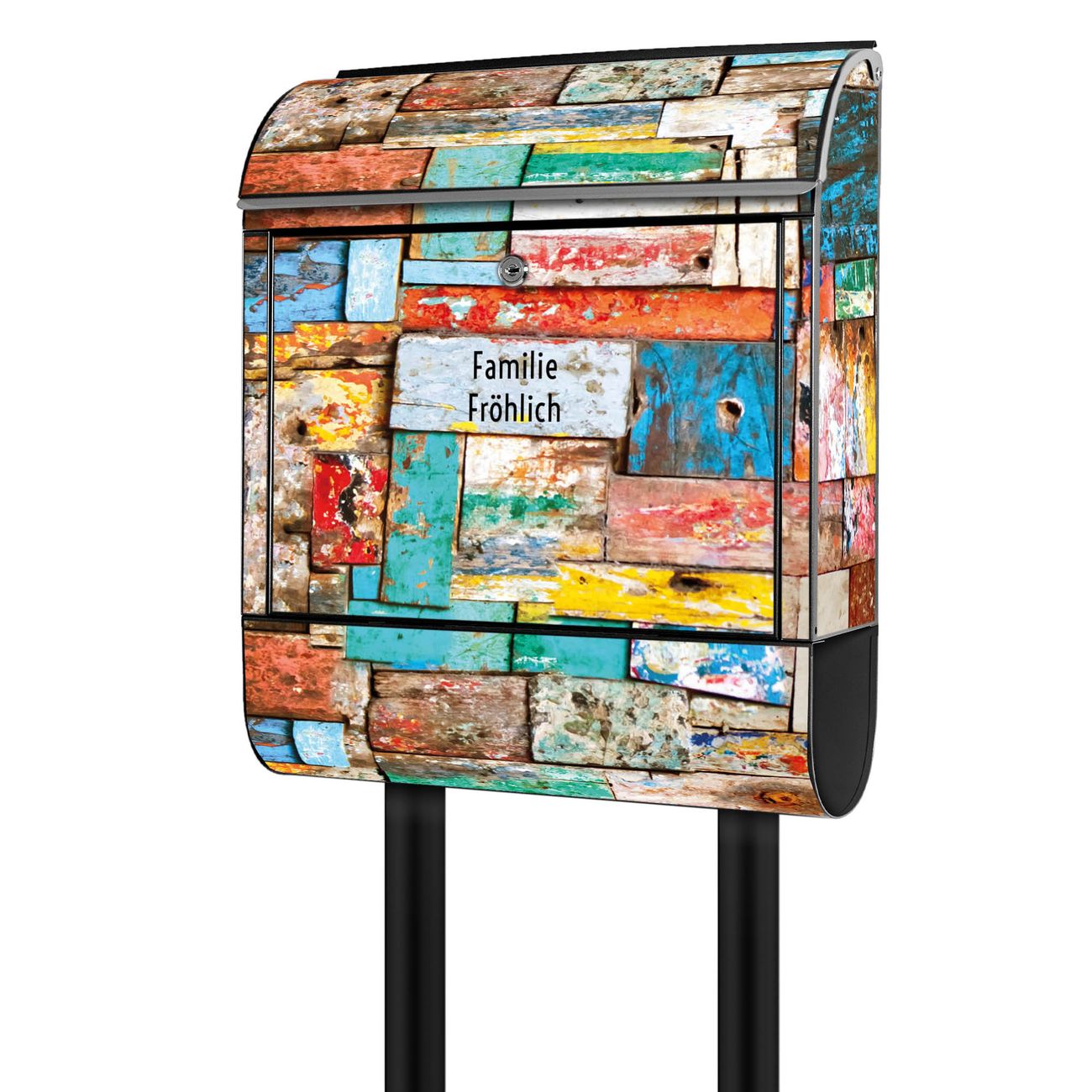 banjado freistehender Briefkasten mit Motiv Bunte Holzschindeln 38x161,5x16cm, 2 Schlüssel - Briefkasten Stahl mit Zeitungsfach pulverbeschichtet