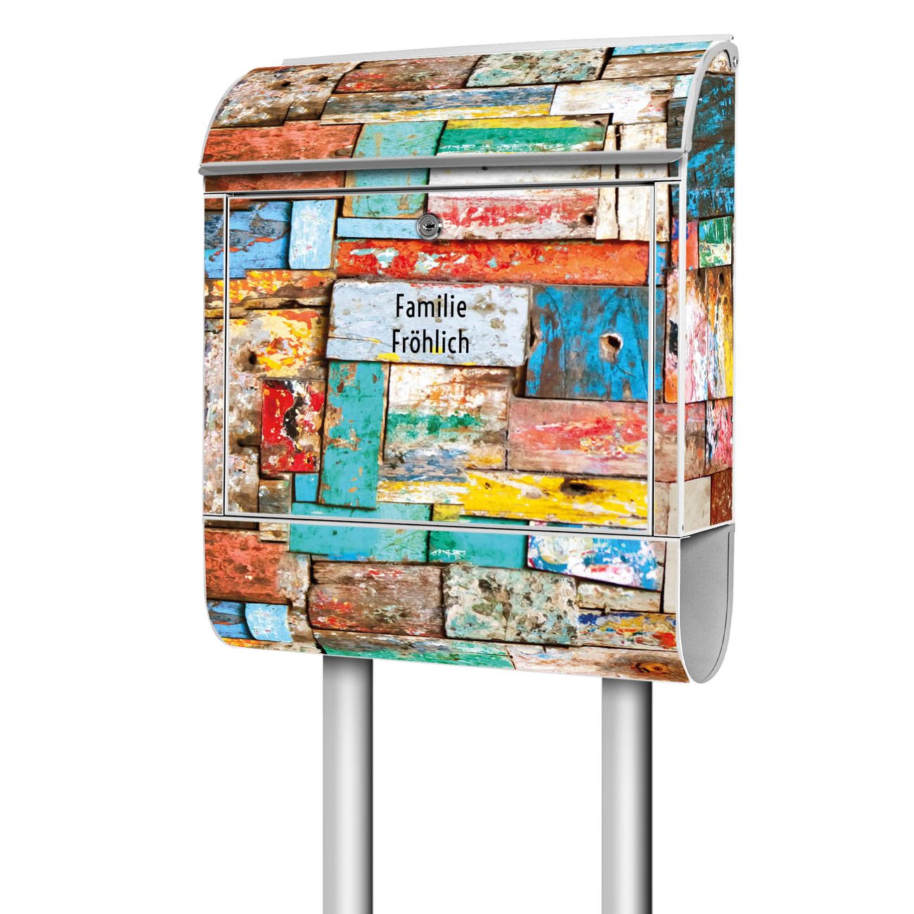 banjado freistehender Briefkasten mit Motiv Bunte Holzschindeln 38x161,5x16cm, 2 Schlüssel - Briefkasten Stahl mit Zeitungsfach pulverbeschichtet
