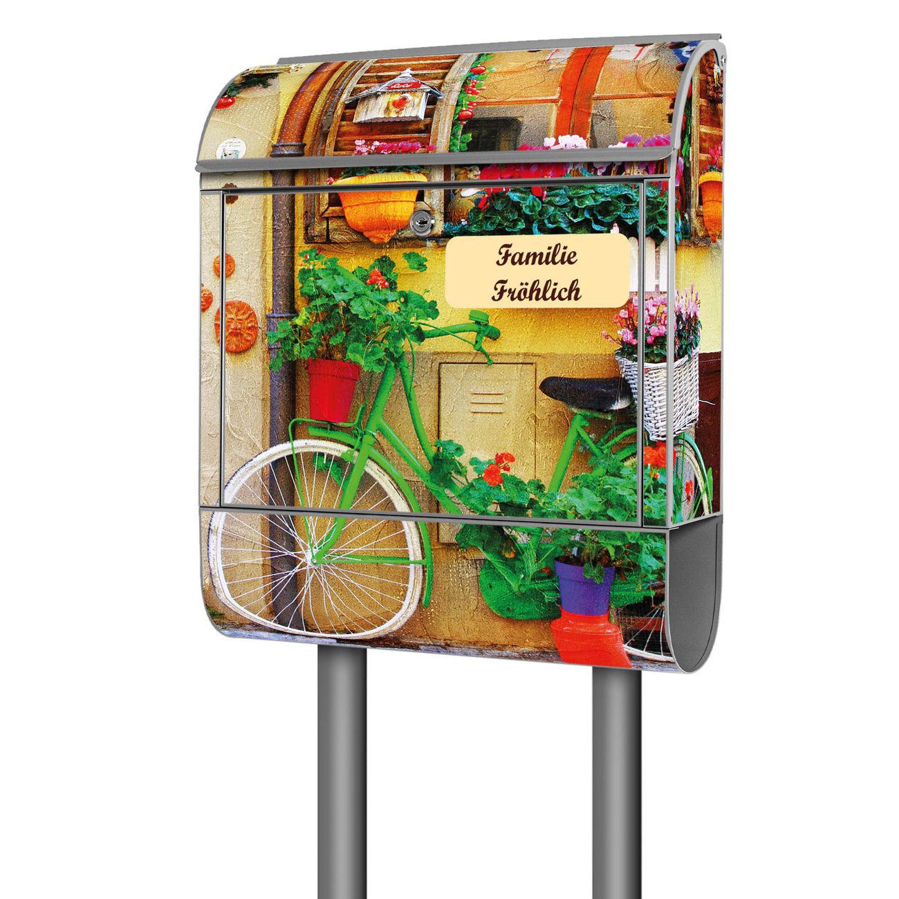 banjado Standbriefkasten groß mit Motiv Grünes Fahrrad 38x161,5x16cm - inkl Zeitungsfach, 2 Schlüssel und Montageanleitung - pulverbeschichtet