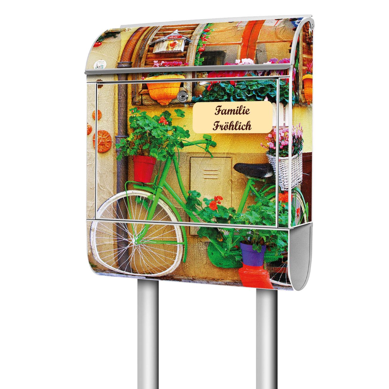 banjado Standbriefkasten groß mit Motiv Grünes Fahrrad 38x161,5x16cm - inkl Zeitungsfach, 2 Schlüssel und Montageanleitung - pulverbeschichtet