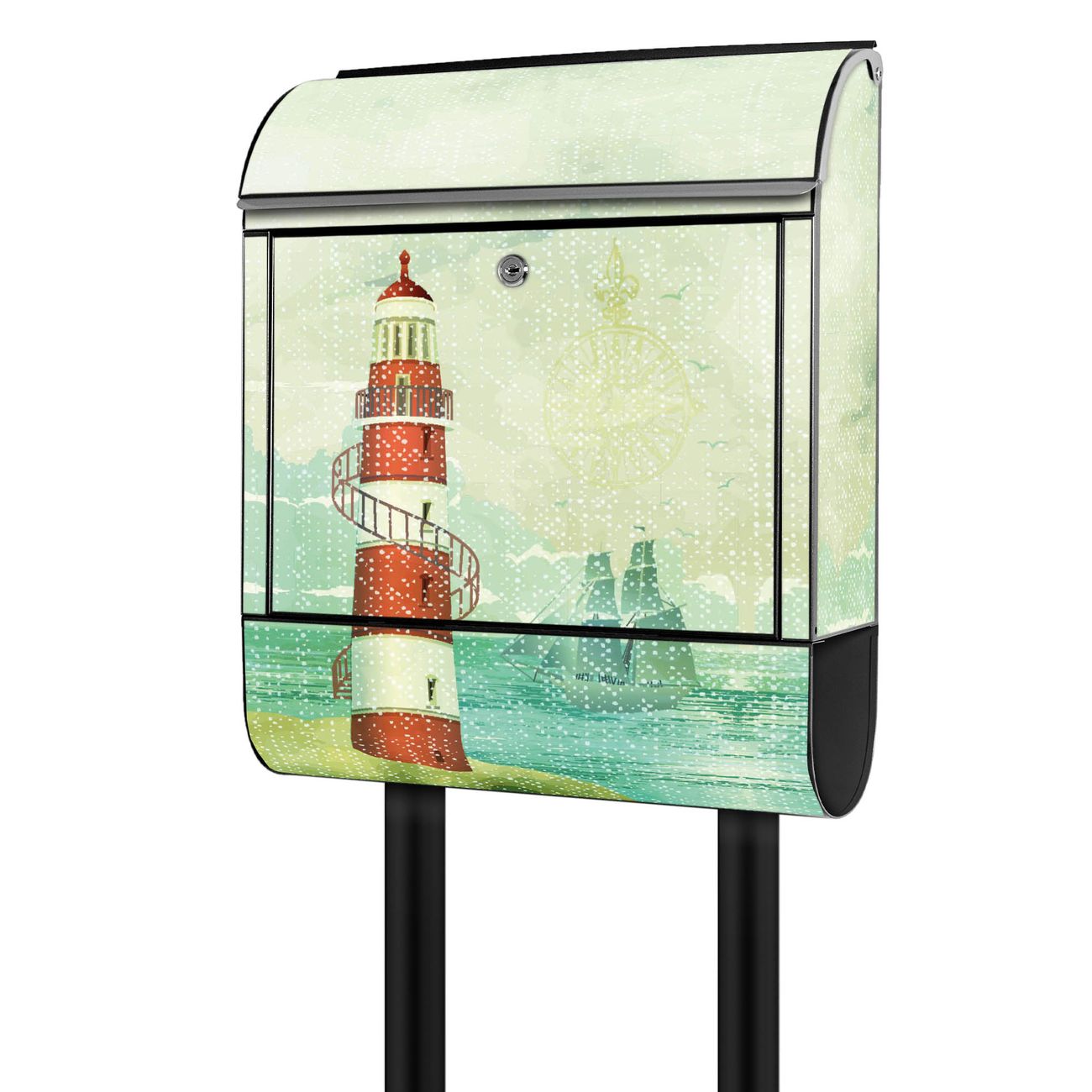 banjado Postkasten mit Standfuß und Motiv Alter Leuchtturm 38x161,5x16cm - mit Zeitungsfach pulverbeschichtet - 2 Schlüssel und Montageanleitung