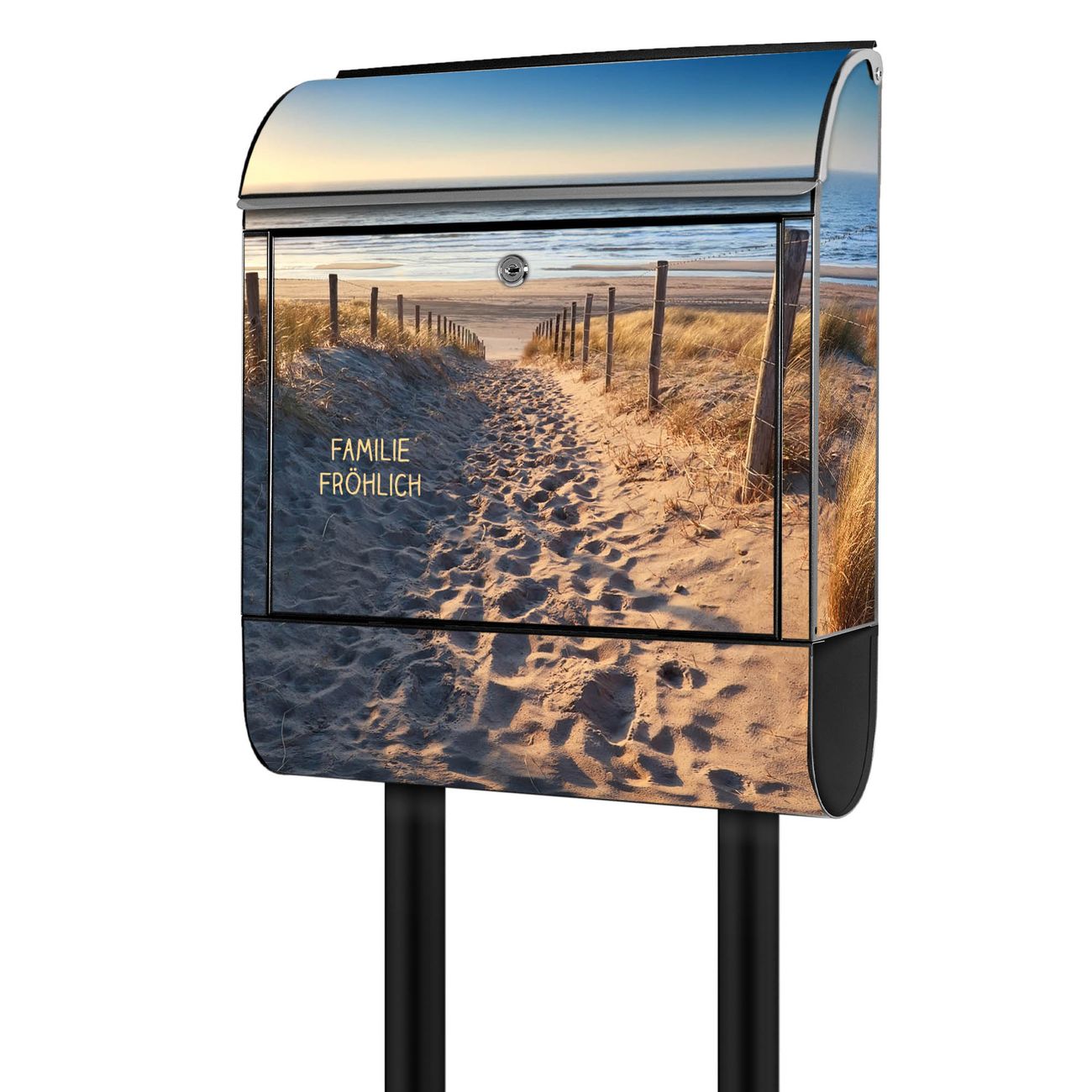 banjado Briefkasten freistehend modern mit Motiv Nordseestrand 38x161,5x16cm mit Zeitungsfach pulverbeschichtet, 2 Schlüssel, Montageanleitung