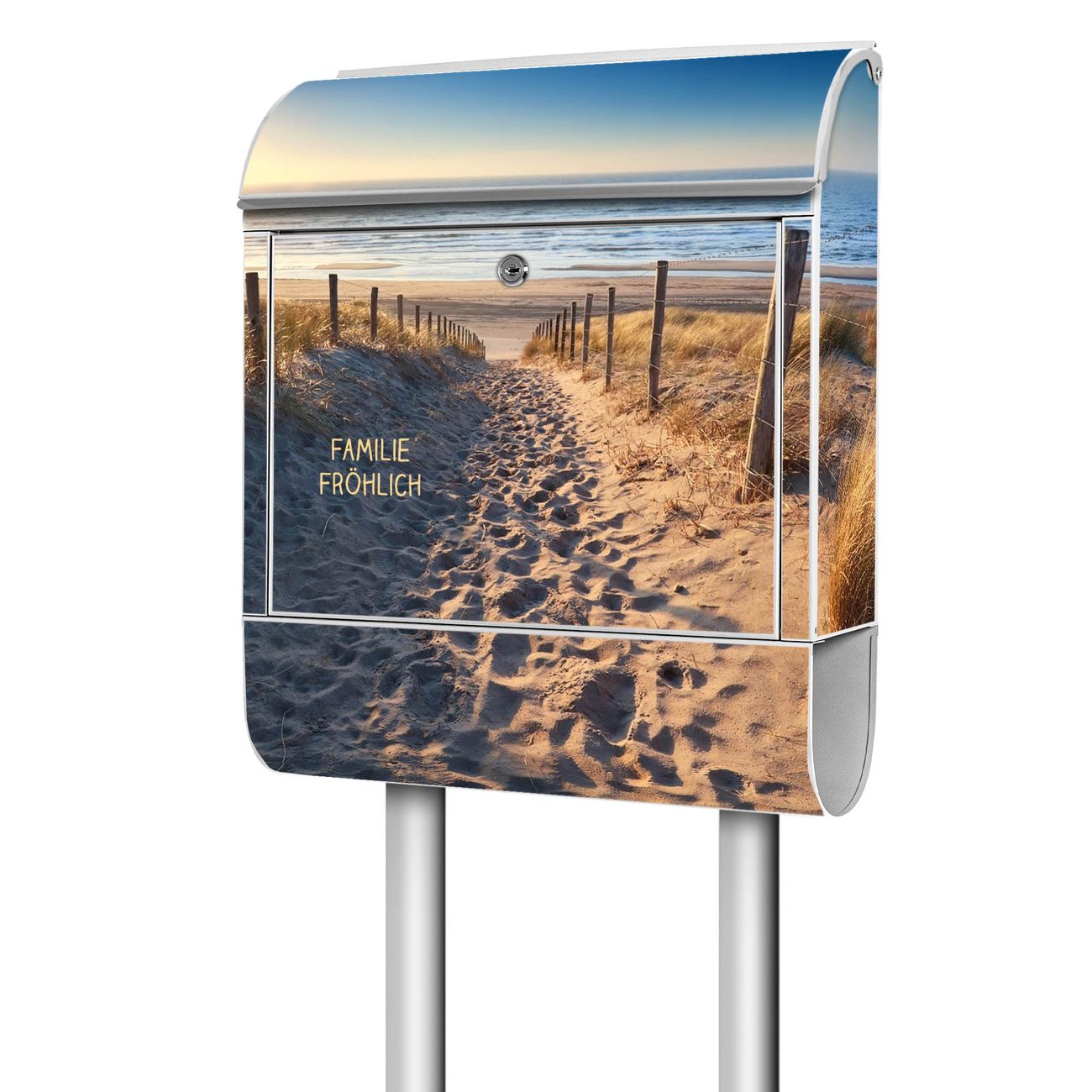 banjado Briefkasten freistehend modern mit Motiv Nordseestrand 38x161,5x16cm mit Zeitungsfach pulverbeschichtet, 2 Schlüssel, Montageanleitung