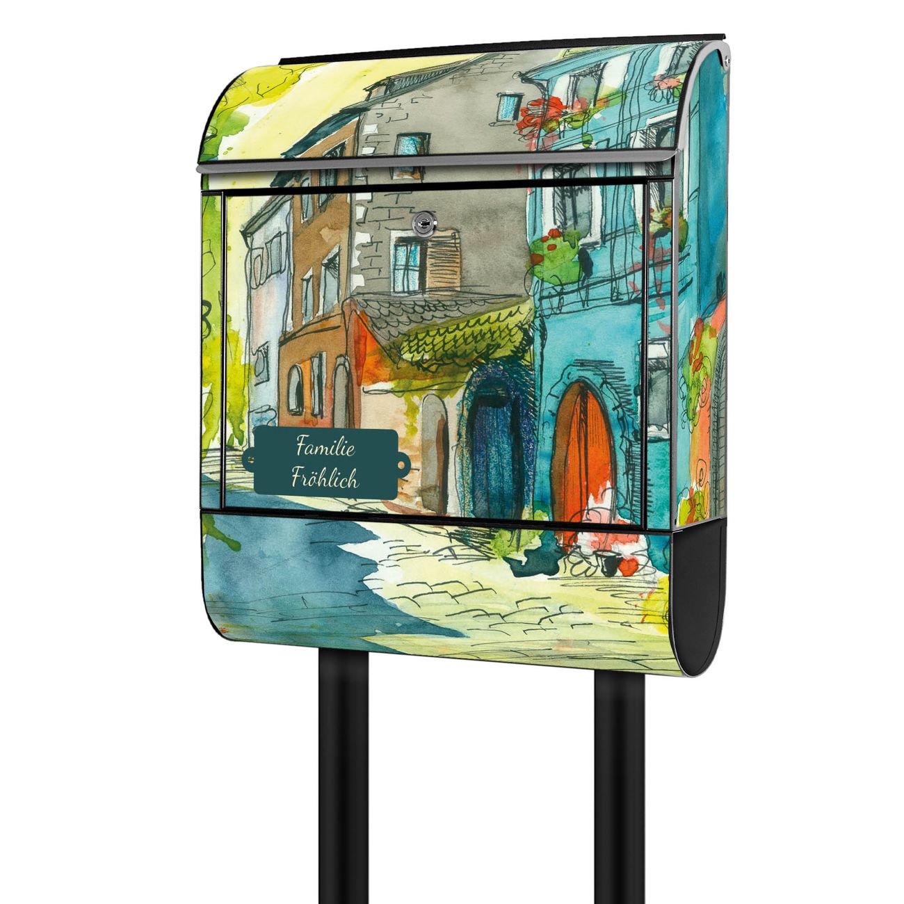 banjado Standbriefkasten groß mit Motiv Historischer Stadtkern 38x161,5x16cm - inkl Zeitungsfach, 2 Schlüssel und Montageanleitung - pulverbeschichtet