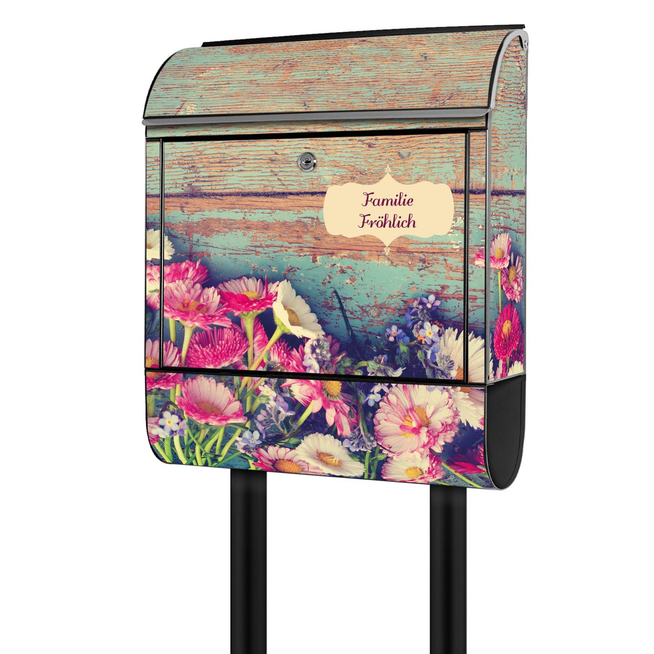 banjado freistehender Briefkasten mit Motiv Blumenpfücken 38x161,5x16cm, 2 Schlüssel - Briefkasten Stahl mit Zeitungsfach pulverbeschichtet
