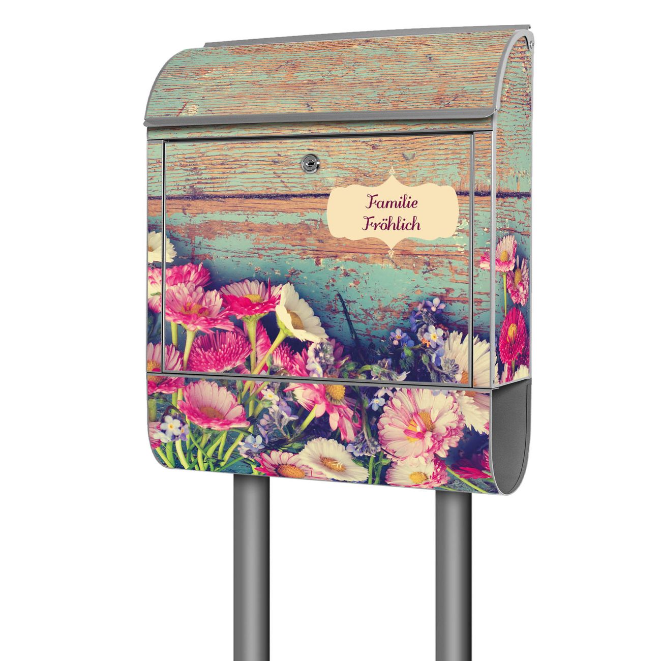 banjado freistehender Briefkasten mit Motiv Blumenpfücken 38x161,5x16cm, 2 Schlüssel - Briefkasten Stahl mit Zeitungsfach pulverbeschichtet