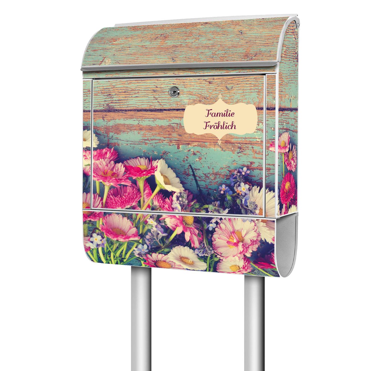 banjado freistehender Briefkasten mit Motiv Blumenpfücken 38x161,5x16cm, 2 Schlüssel - Briefkasten Stahl mit Zeitungsfach pulverbeschichtet
