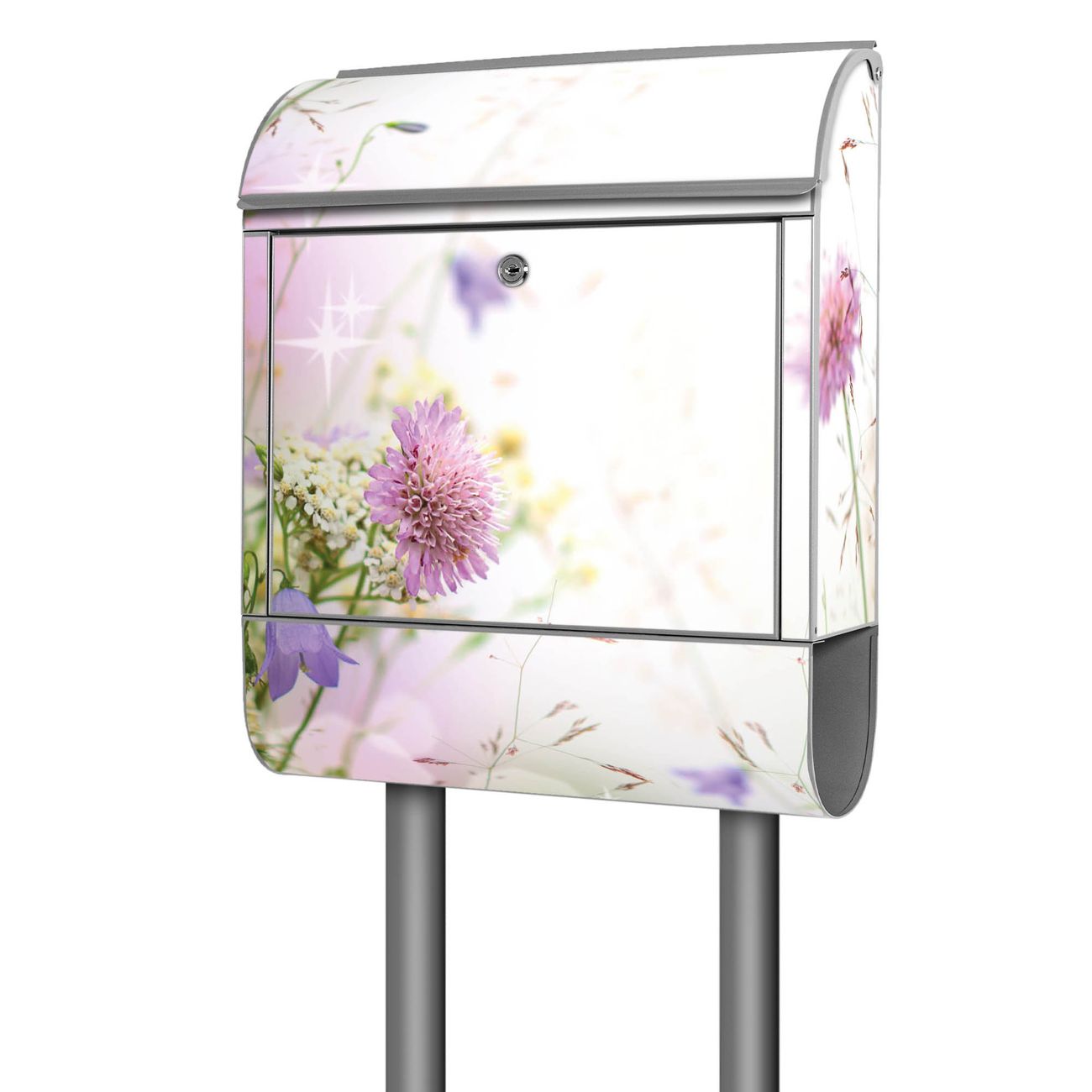 banjado großer Standbriefkasten mit Namen und Motiv Glitzernde Wiese mit Zeitungsfach, pulverbeschichtet, 2 Schlüssel + Montageanleitung