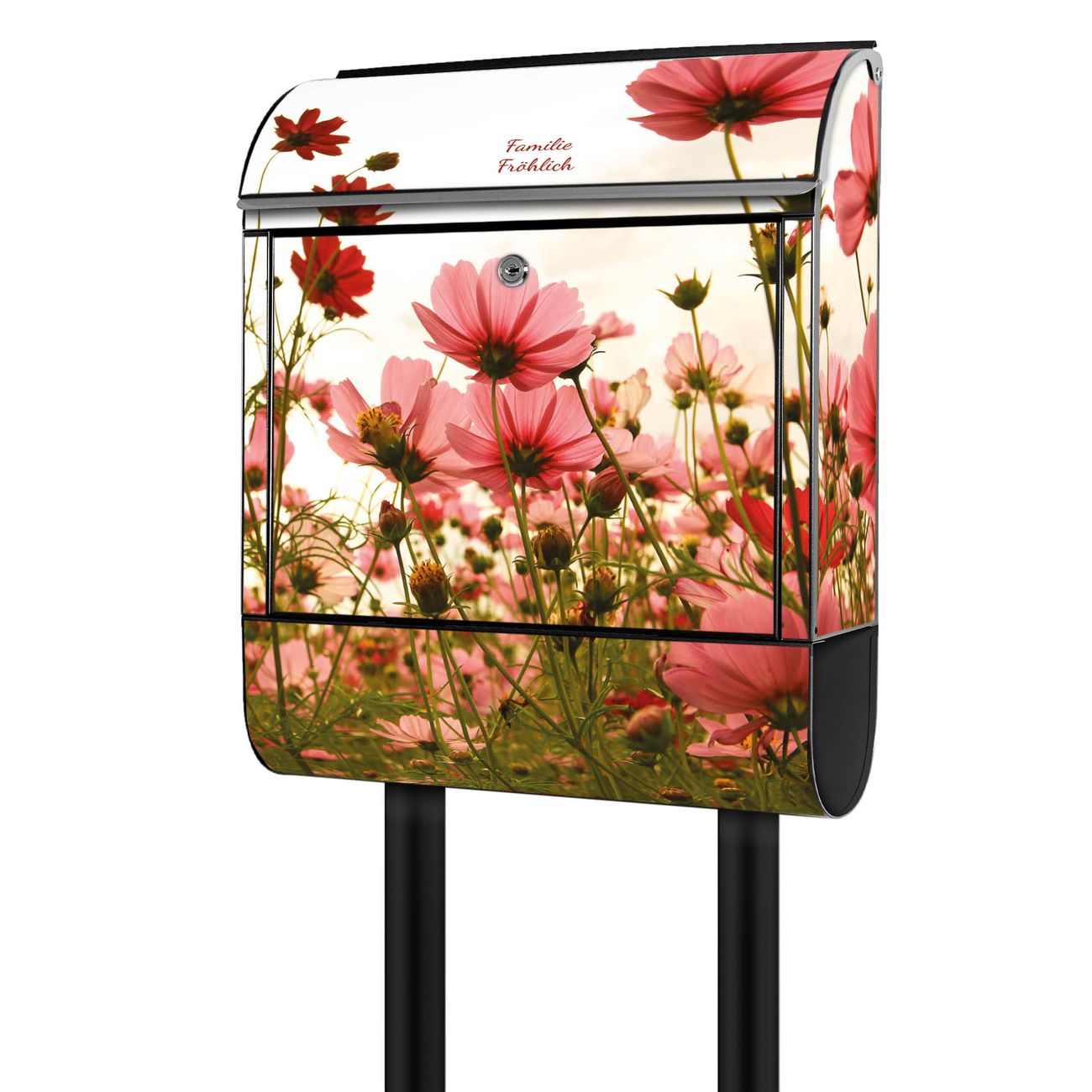 banjado Postkasten mit Standfuß und Motiv Schmuckkörbchen 38x161,5x16cm - mit Zeitungsfach pulverbeschichtet - 2 Schlüssel und Montageanleitung