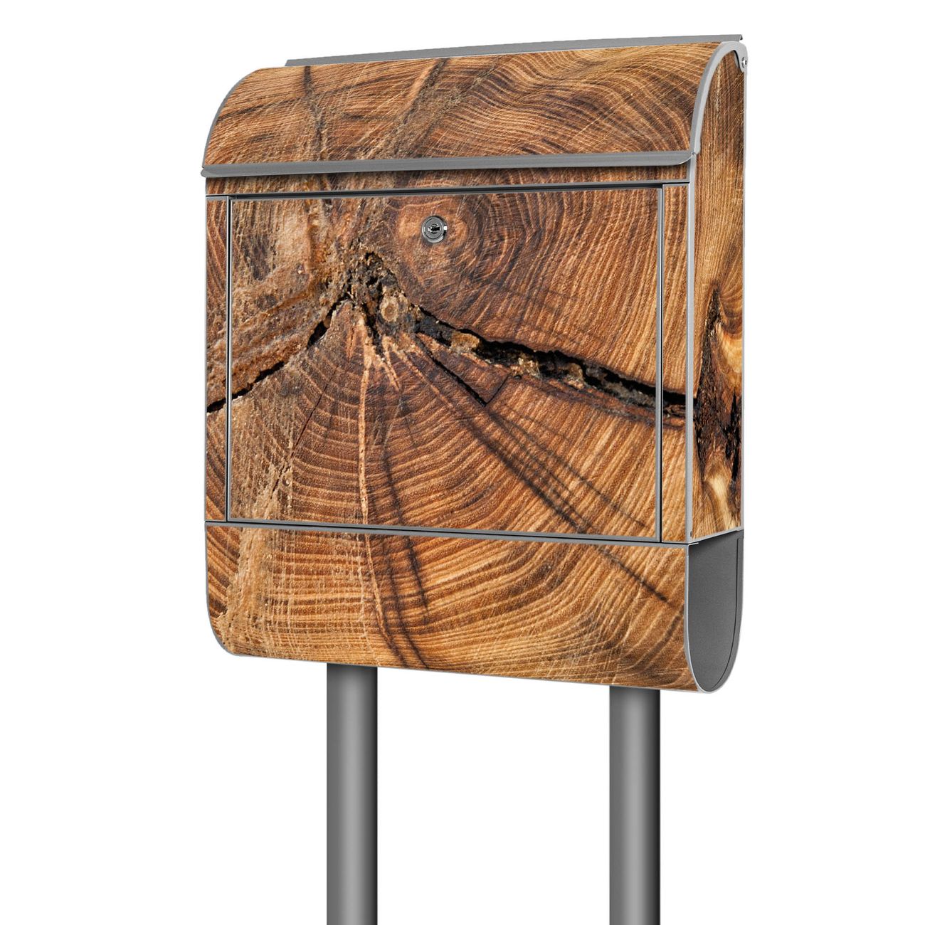 banjado Standbriefkasten groß mit Motiv Jahresringe 38x161,5x16cm - inkl Zeitungsfach, 2 Schlüssel und Montageanleitung - pulverbeschichtet