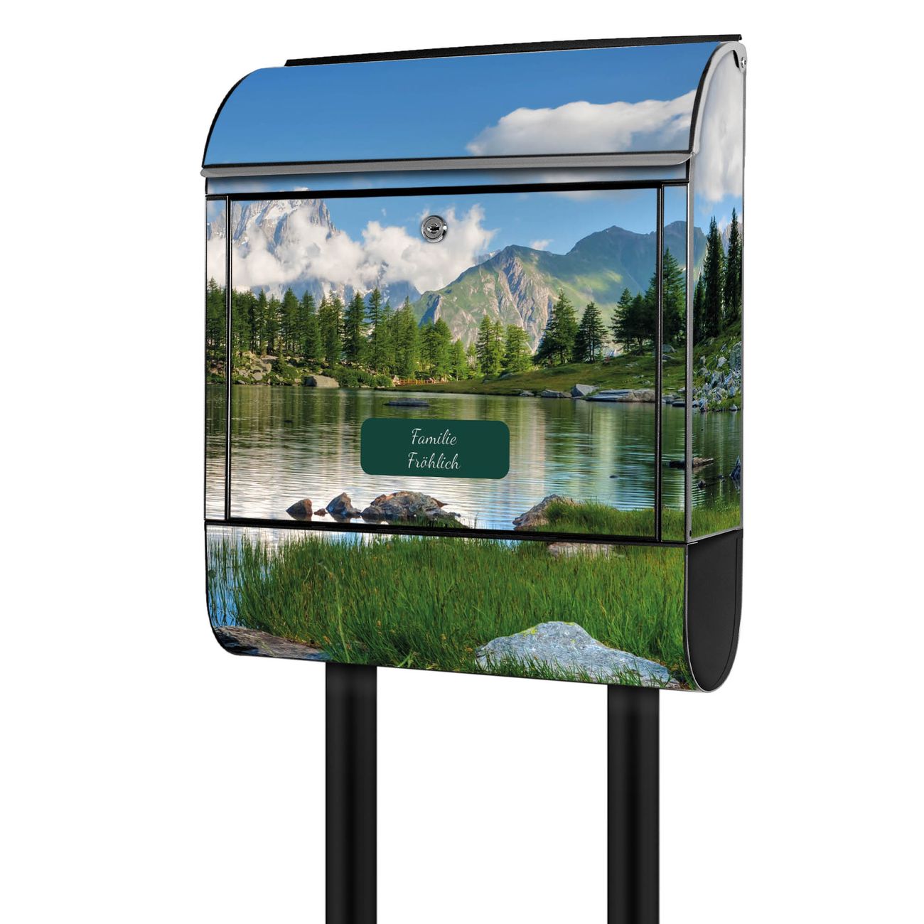 banjado Standbriefkasten groß mit Motiv Gebirgssee 38x161,5x16cm - inkl Zeitungsfach, 2 Schlüssel und Montageanleitung - pulverbeschichtet