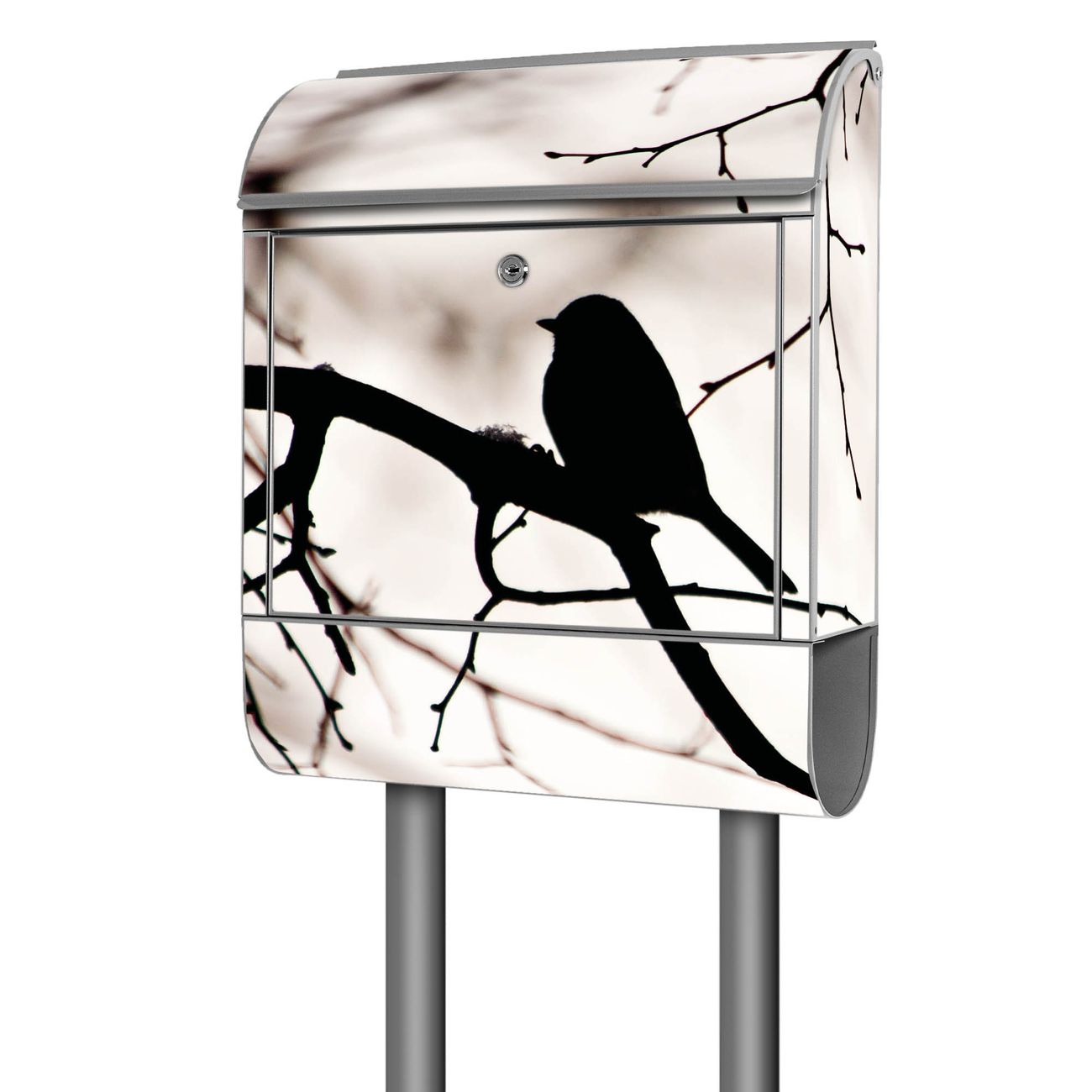 banjado freistehender Briefkasten mit Motiv Früher Vogel 38x161,5x16cm, 2 Schlüssel - Briefkasten Stahl mit Zeitungsfach pulverbeschichtet
