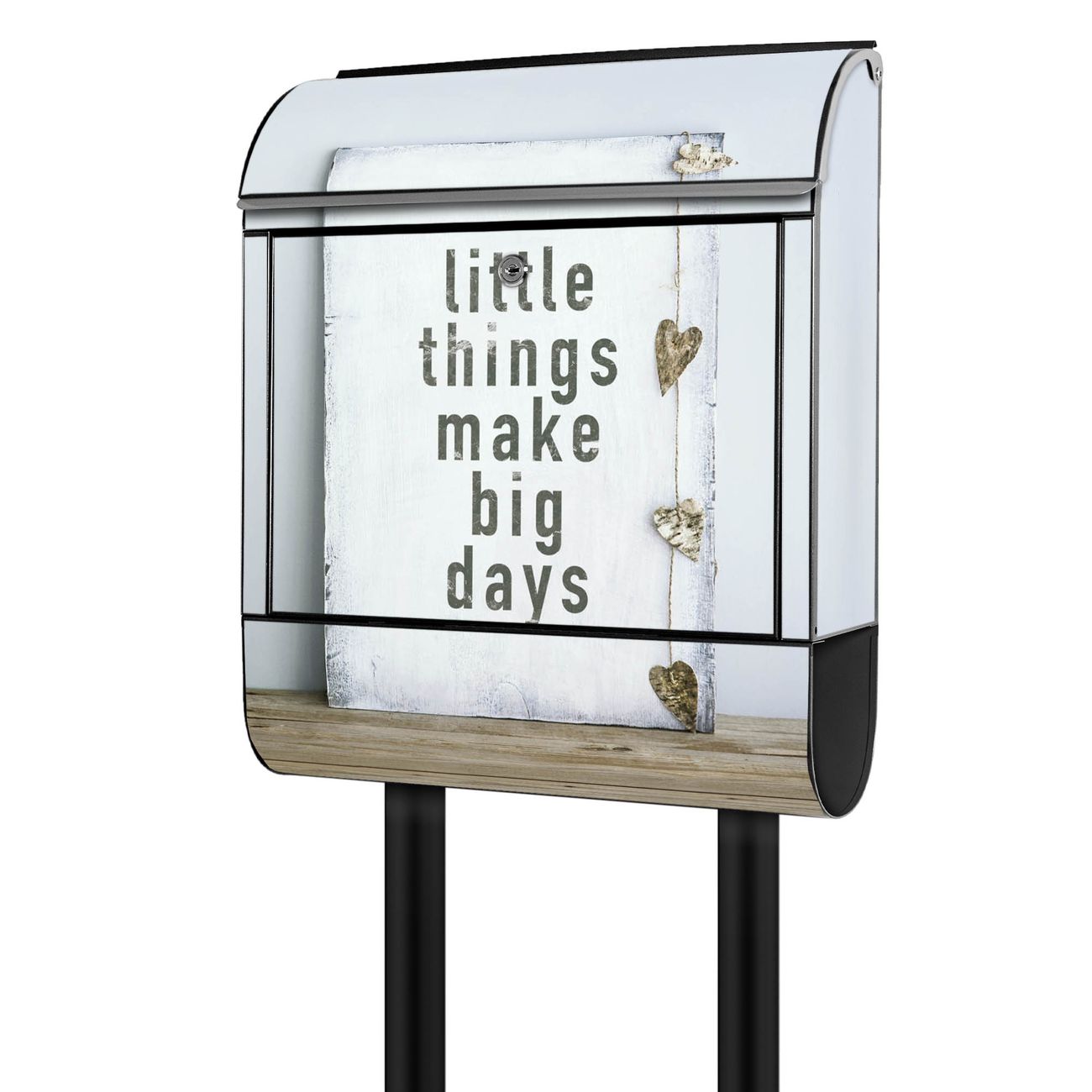 banjado Postkasten mit Standfuß und Motiv Little Things 38x161,5x16cm - mit Zeitungsfach pulverbeschichtet - 2 Schlüssel und Montageanleitung