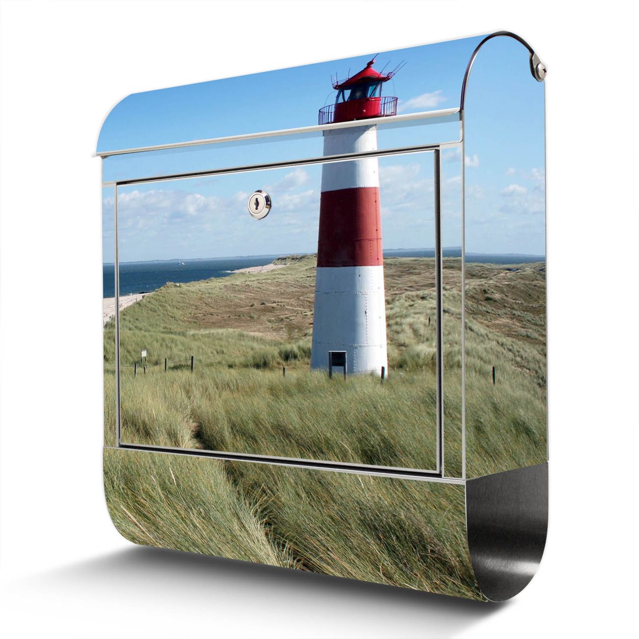 banjado Großer Briefkasten aus rostfreiem Edelstahl Motiv Leuchtturm 38x43x12,5cm - rostfreier 18/0 Edelstahl - inkl. Montagematerial, 2 Schlüssel